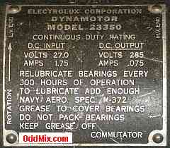 Electrolux Model 23350 Dynamotor 27 VDC to 285 VDC generator rotary voltage converter [11 KB]