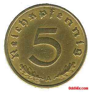 Coin Brass 1937 German Third Reich Five Reichspfennig Nazi WWII Historical Collectible Front [9 KB]