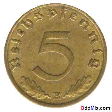 Coin Brass 1939 German Third Reich Five Reichspfennig Nazi WWII Historical Collectible Front [9 KB]