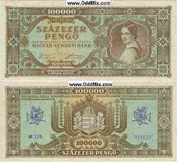 Banknote Currency Hungarian Government Hyperinflationary Notes 100,000 Pengo [17 KByte]